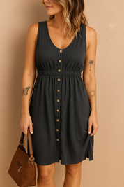 Donkergrijze mouwloze zomerjurk met knoopsluiting en casual linnenlook
