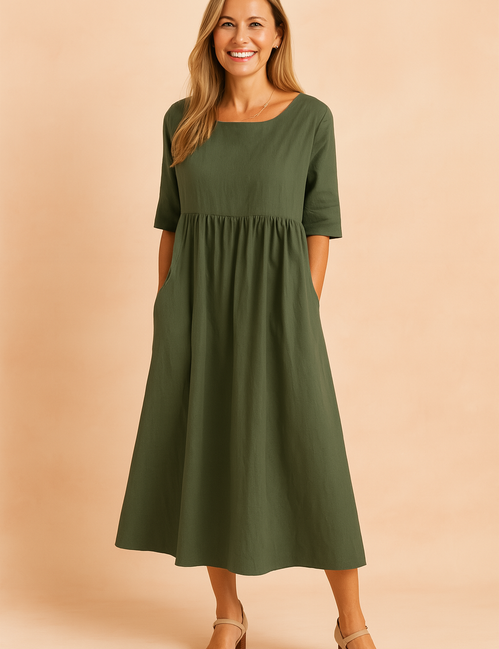 Diepgroene midi-jurk met halve mouwen, rimpeling onder de buste en effen linnenachtige textuur.