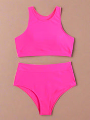 Felroze high-neck bikini met hoge taille slip, opvallend en vrouwelijk zwempak