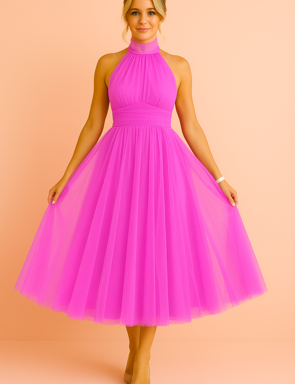 Fuchsia halterjurk met tule rok, opvallende midi feestjurk met hoge halslijn en vrouwelijke pasvorm.
