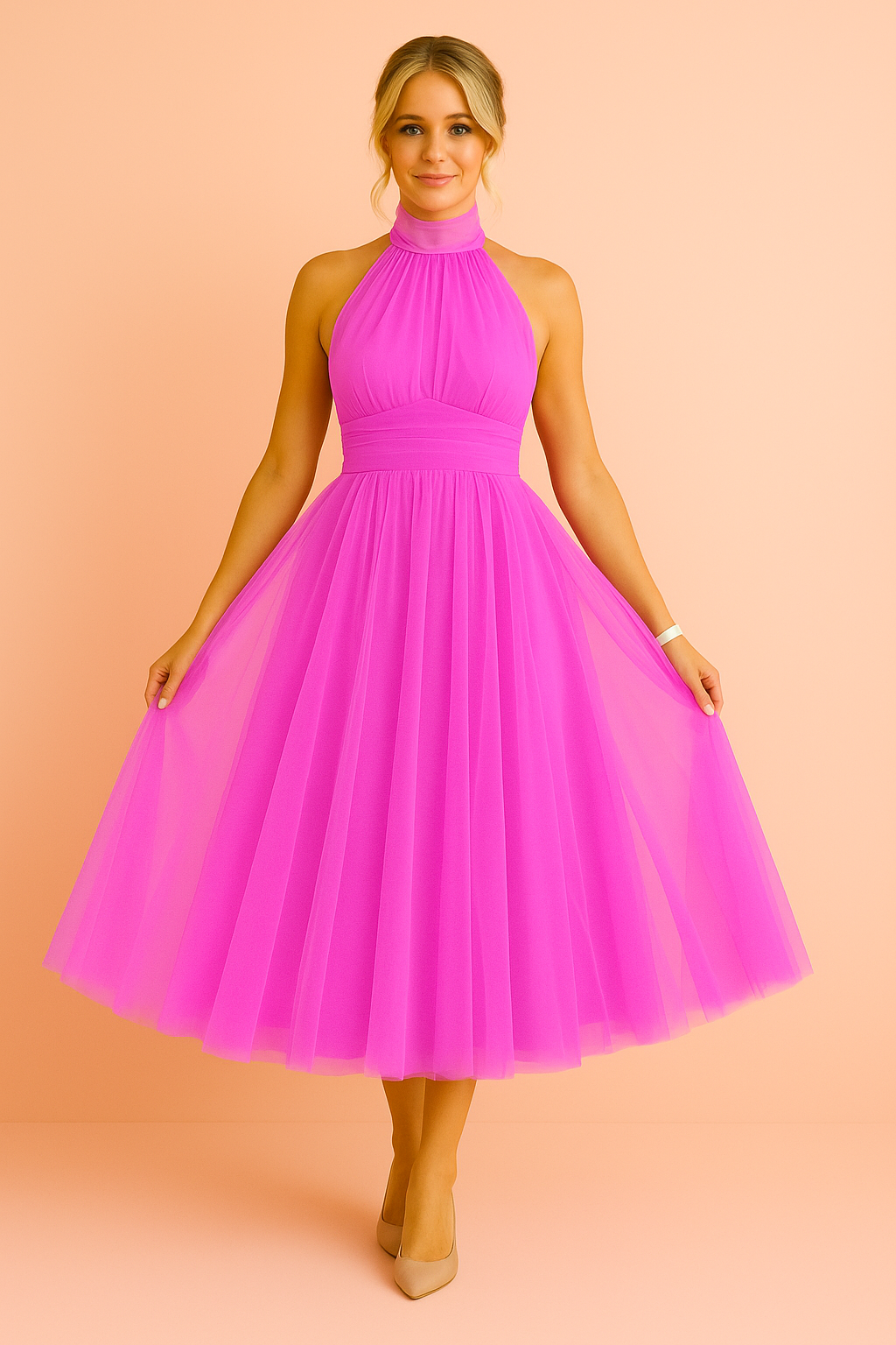 Fuchsia halterjurk met tule rok, opvallende midi feestjurk met hoge halslijn en vrouwelijke pasvorm.