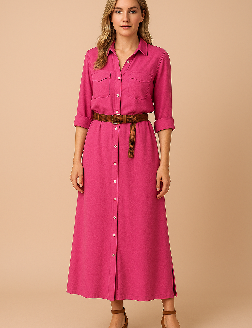 Fuchsia roze overhemdjurk met opgerolde mouwen en een bruine riem voor een kleurrijke en vrouwelijke stijl.