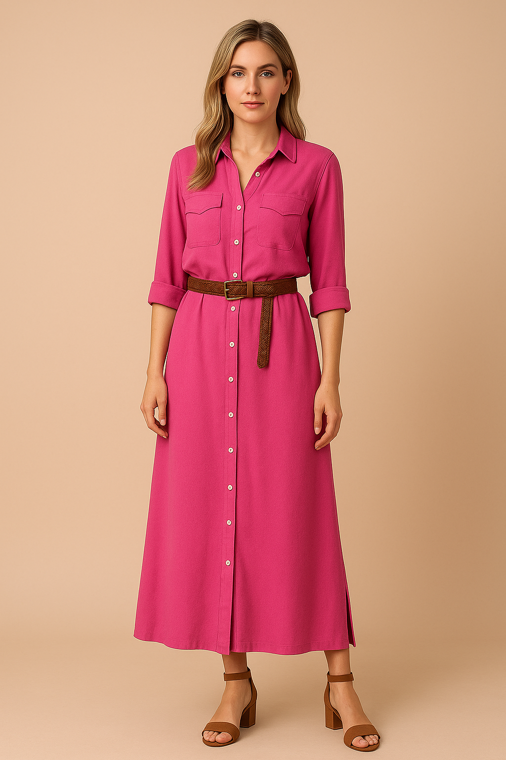 Fuchsia roze overhemdjurk met opgerolde mouwen en een bruine riem voor een kleurrijke en vrouwelijke stijl.