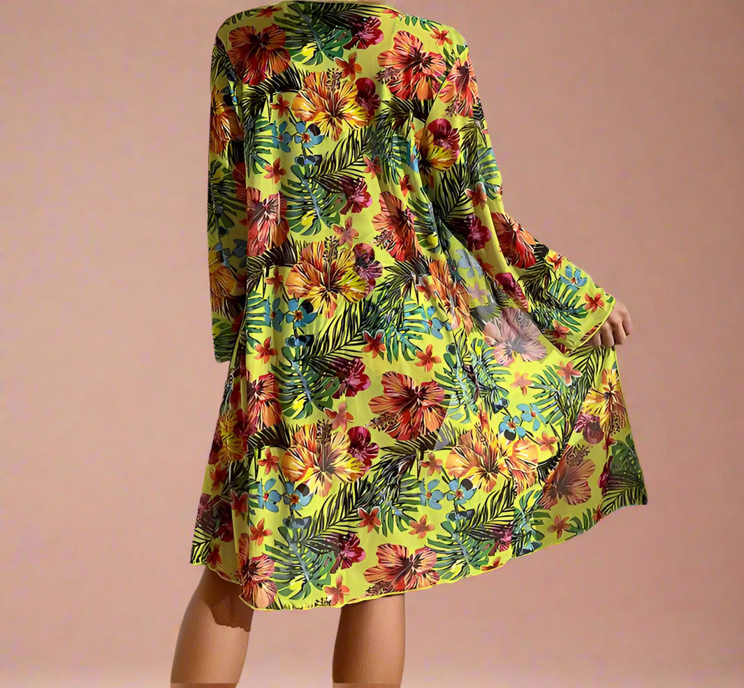 Gele bloemen bikini met hoge taille en bijpassende kimono