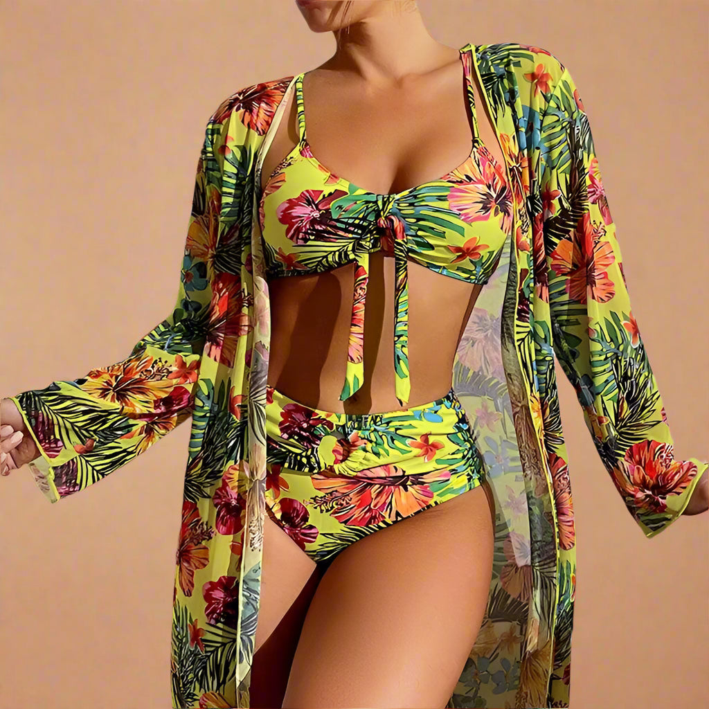 Gele bloemen bikini met hoge taille en bijpassende kimono
