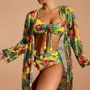 Gele bloemen bikini met hoge taille en bijpassende kimono