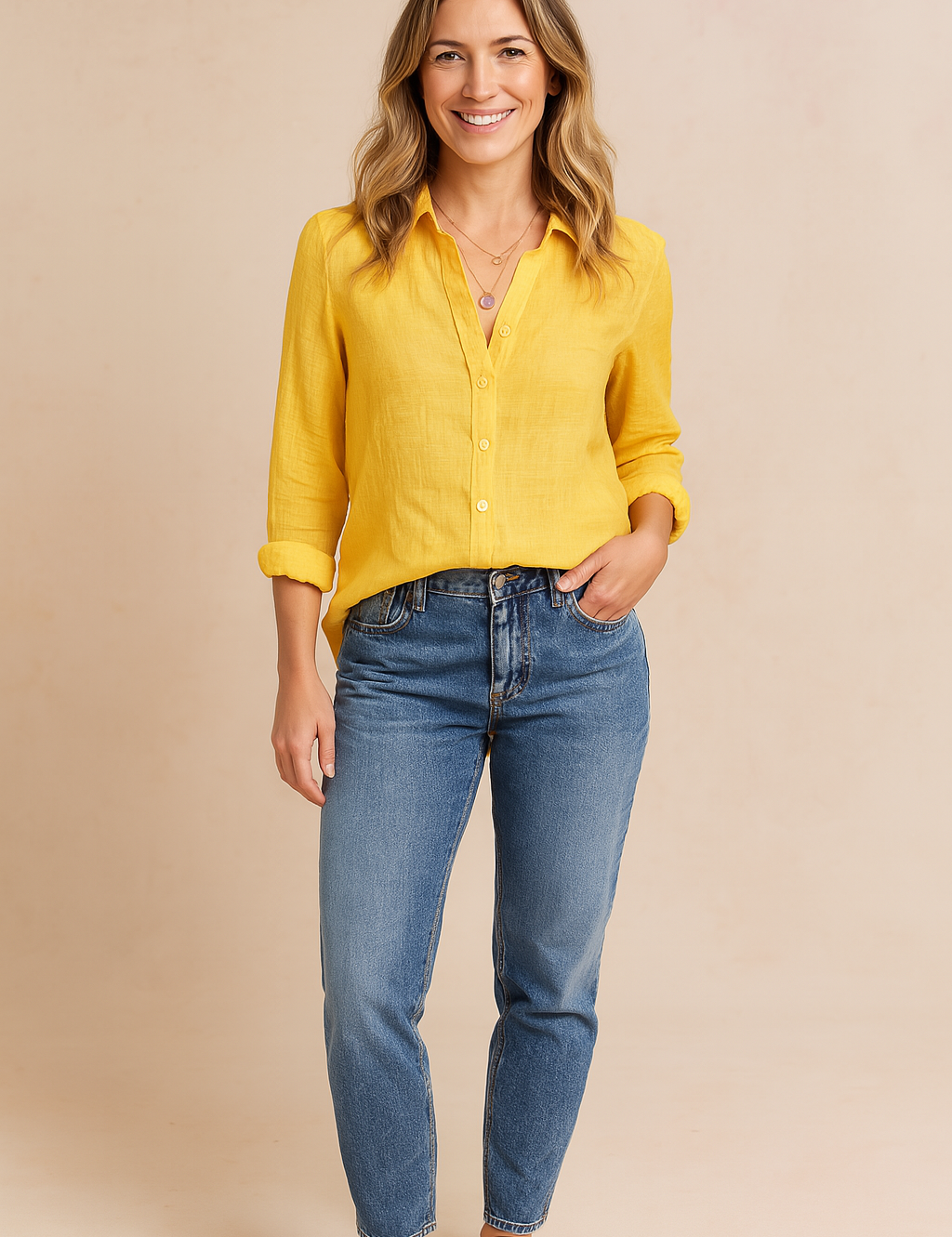 Mosterdgele linnen blouse met knopen en lange mouwen, gecombineerd met een middelblauwe high-waist jeans. De blouse heeft een casual pasvorm en luchtige stof.