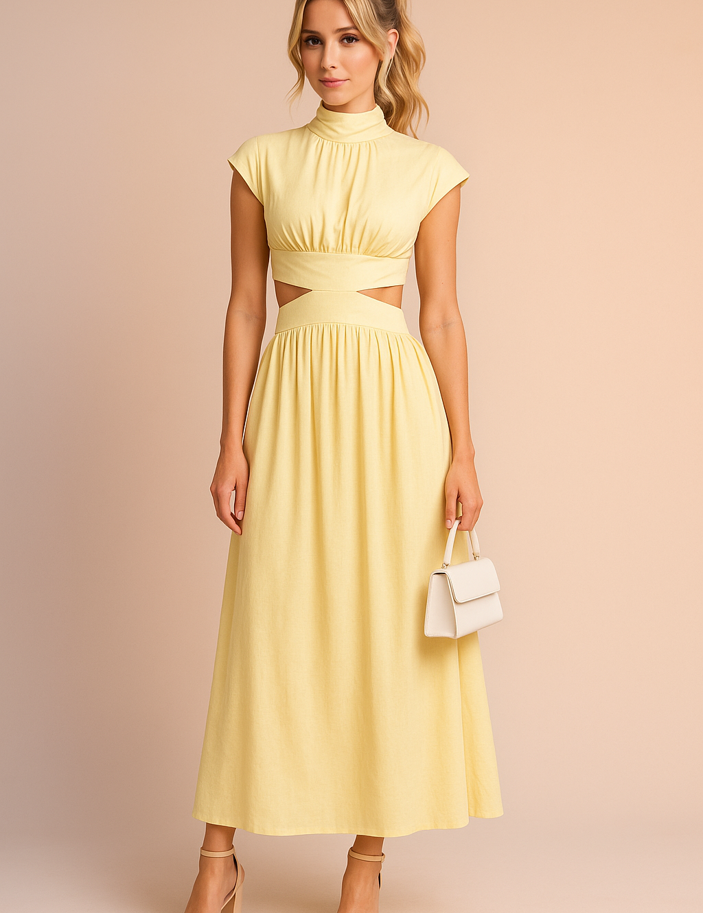 Mouwloze gele midi jurk met hoge hals, uitsnijdingen bij de taille en geplooide rok.