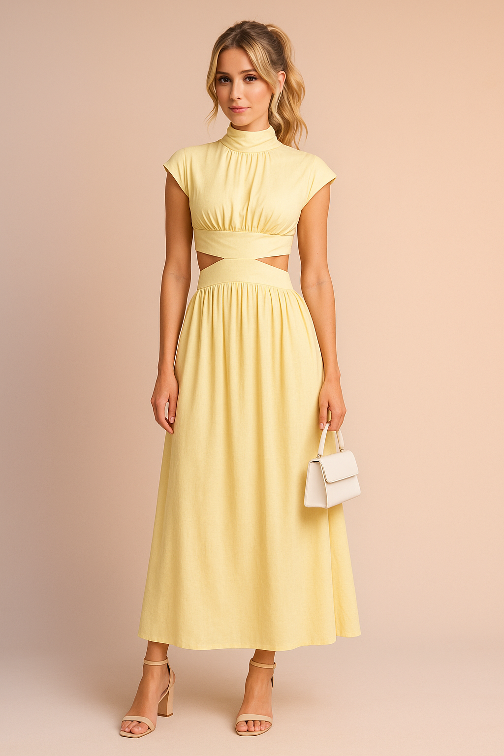 Mouwloze gele midi jurk met hoge hals, uitsnijdingen bij de taille en geplooide rok.