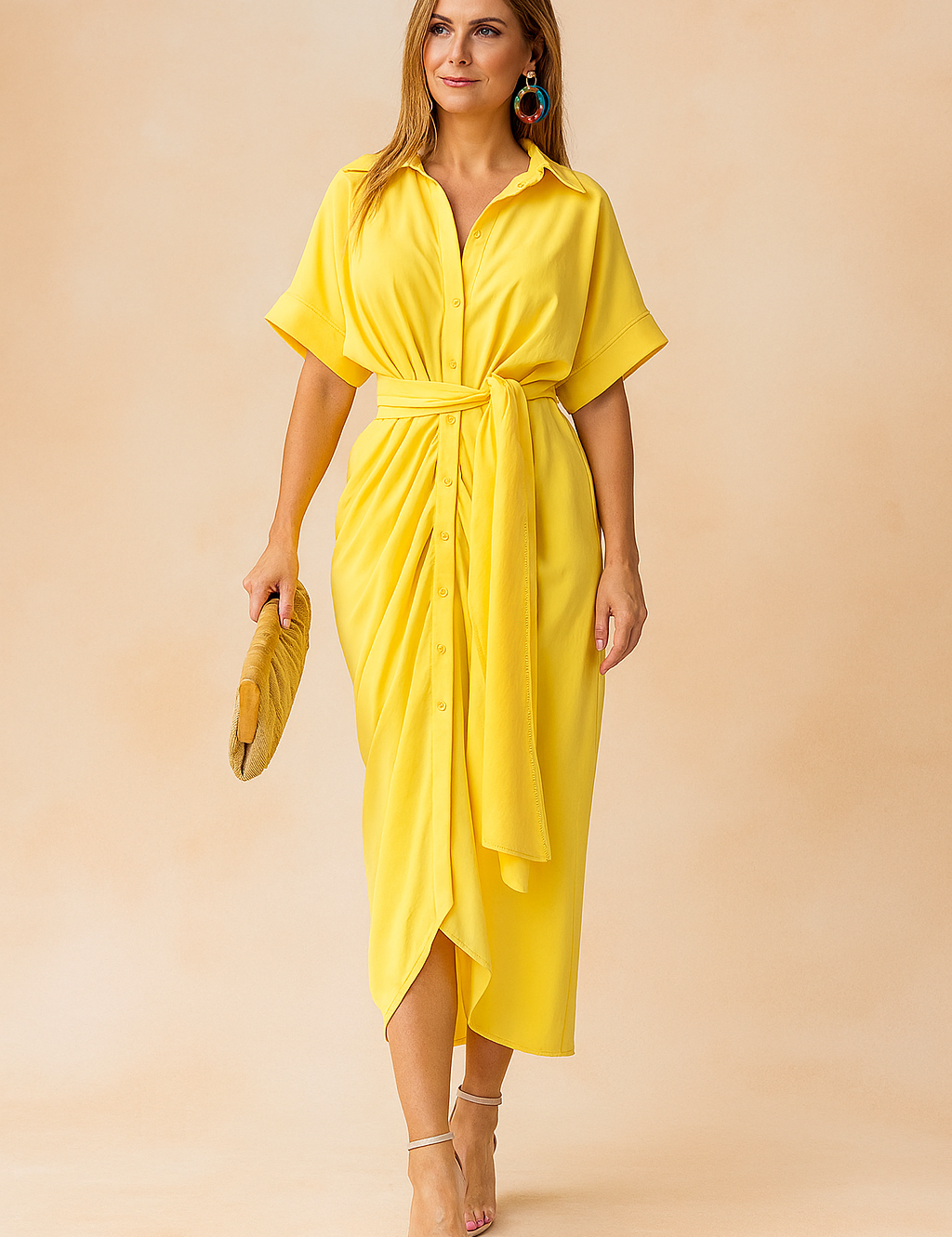 Gele overhemdjurk met ceintuur en knoopdetails, midi-lengte met korte mouwen