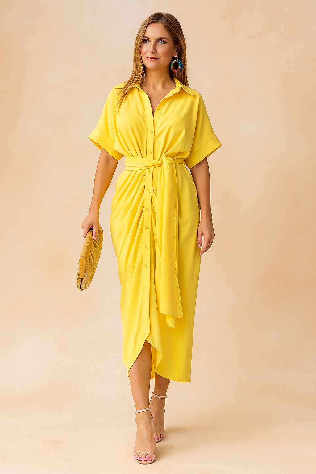 Gele overhemdjurk met ceintuur en knoopdetails, midi-lengte met korte mouwen