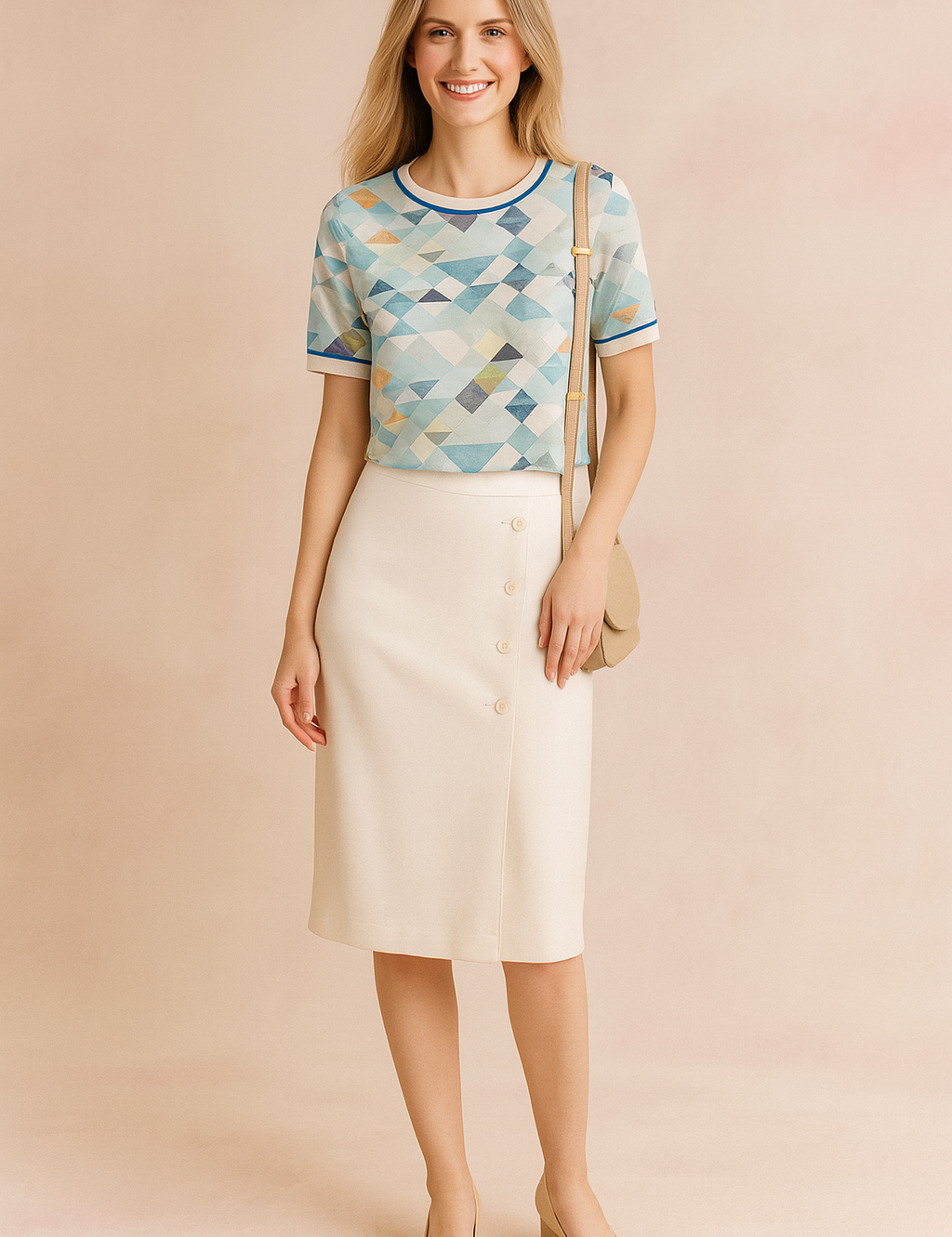 Dames T-shirt met korte mouwen, vervaardigd uit een fijngebreide stof met een abstract geometrisch patroon in blauw-, groen- en beige tinten. Afgewerkt met contrasterende ribboorden aan de hals en mouwuiteinden in blauw en wit. De rechte pasvorm en het speelse dessin maken het shirt geschikt voor een stijlvolle, casual look.
