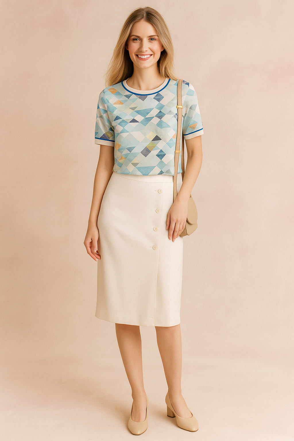 Dames T-shirt met korte mouwen, vervaardigd uit een fijngebreide stof met een abstract geometrisch patroon in blauw-, groen- en beige tinten. Afgewerkt met contrasterende ribboorden aan de hals en mouwuiteinden in blauw en wit. De rechte pasvorm en het speelse dessin maken het shirt geschikt voor een stijlvolle, casual look.