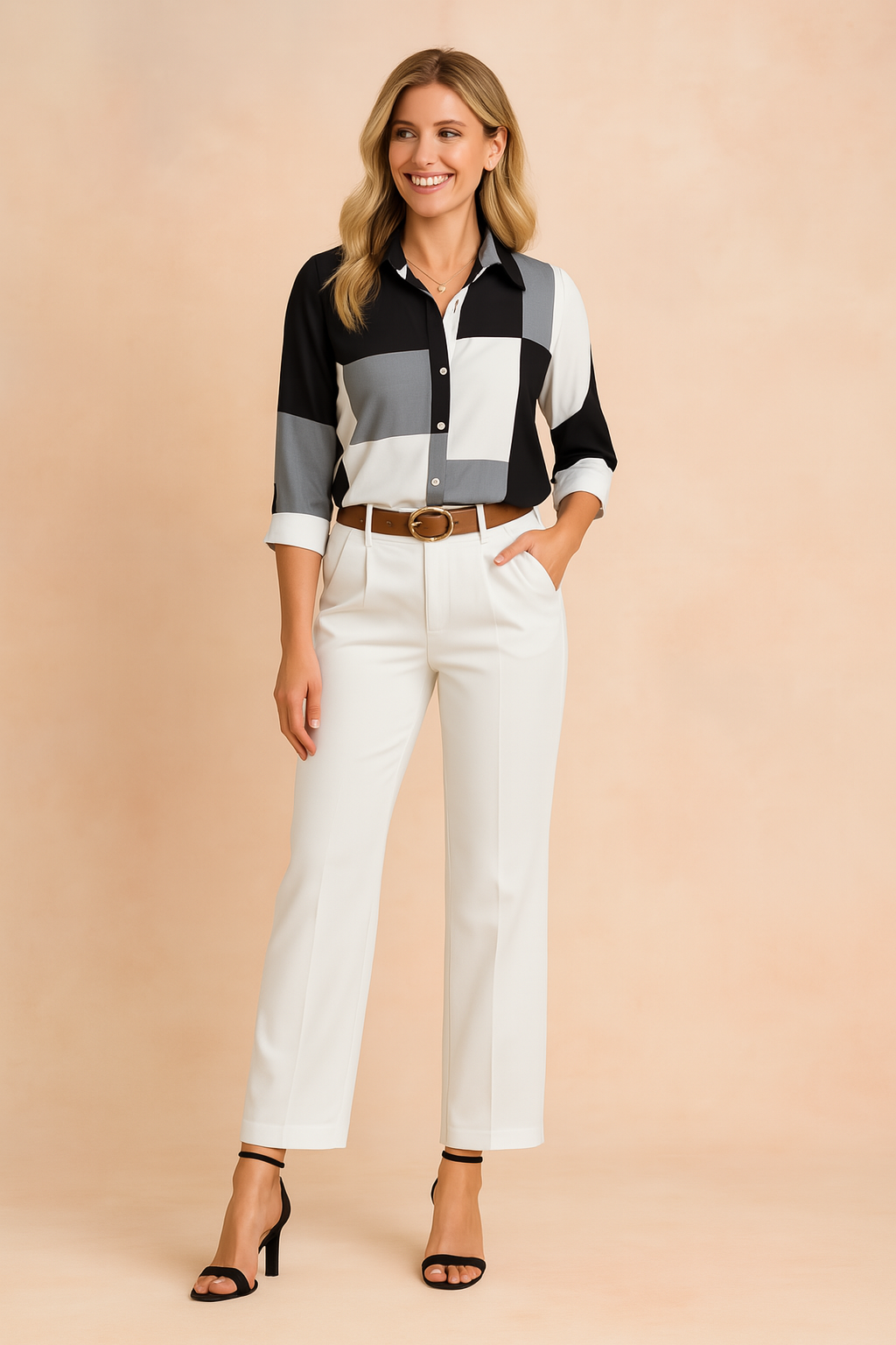 Modieuze blouse met 3/4-mouwen en zwart-grijs-witte blokverdeling in een grafisch vierkant patroon. Voorzien van een klassieke kraag en knopen voor een strakke, eigentijdse uitstraling.