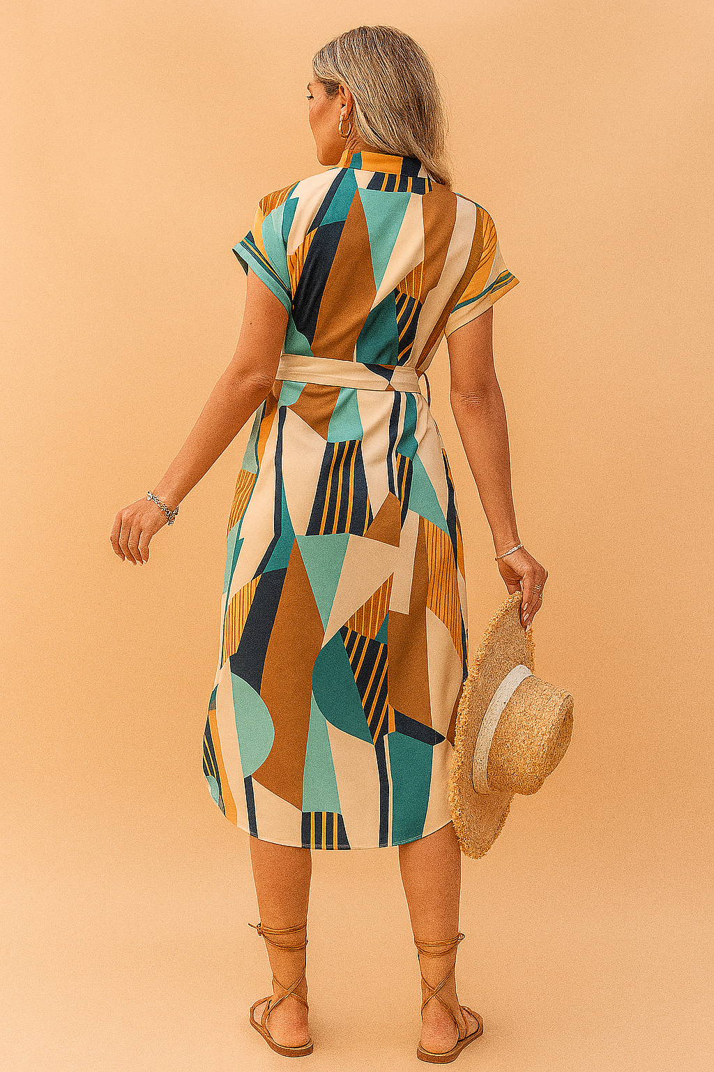 Midi-jurk met geometrische print in groen, turquoise en okergeel, korte mouwen en strikceintuur in de taille