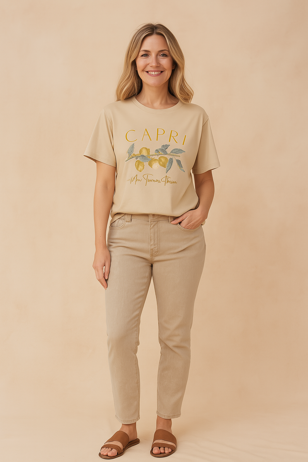 Beige Capri T-shirt met gele citroenprint en cursieve tekst – casual en comfortabele dagelijkse stijl met ton-sur-ton jeans.