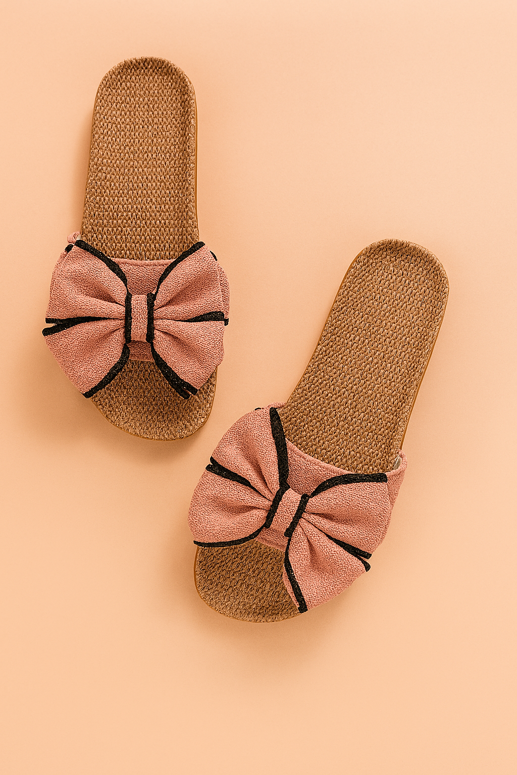 Geweven instapsandalen met oversized roze stoffen strikken en opvallende zwarte accenten, combineren comfort met speelse elegantie voor de zomer.
