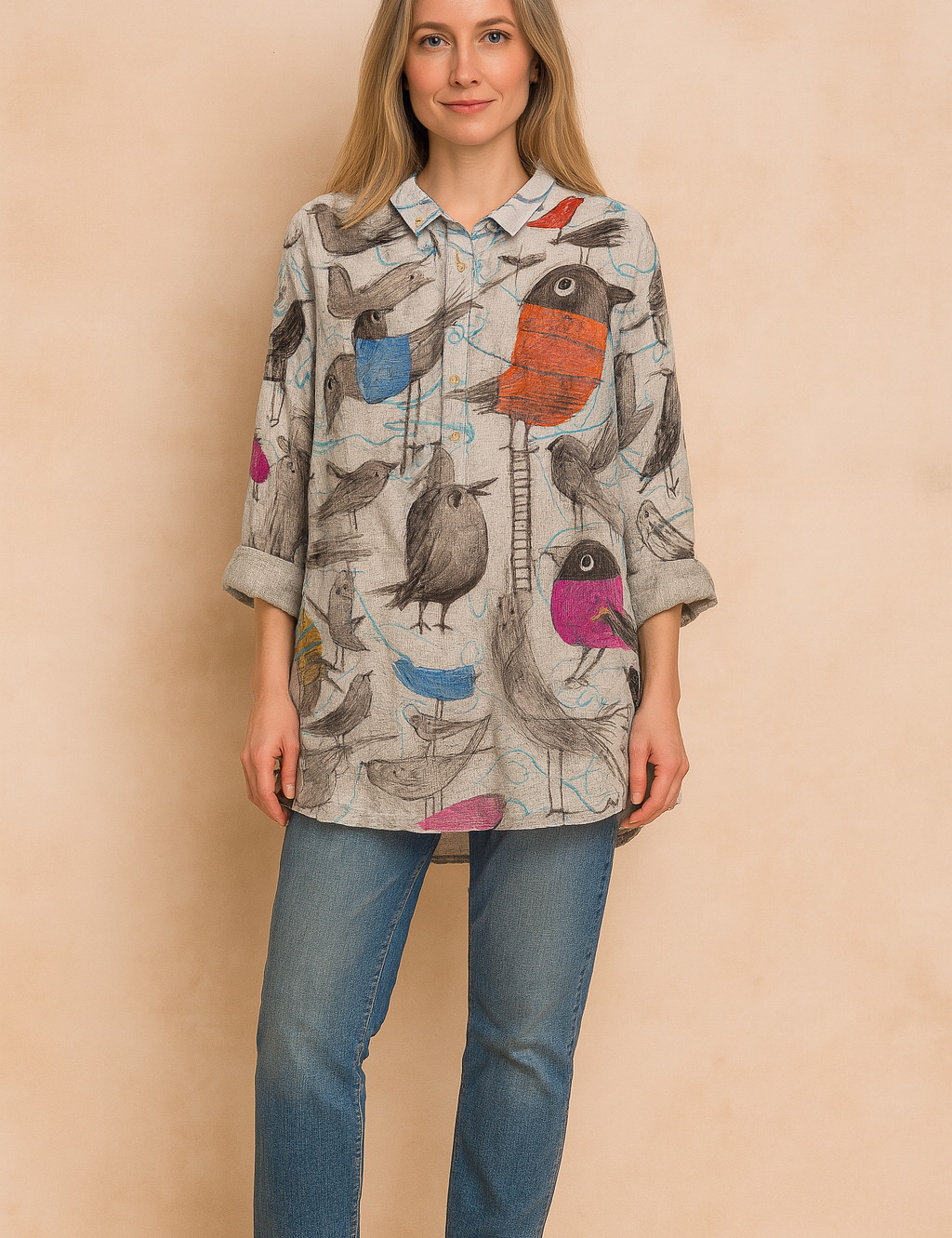 Oversized damesblouse met knoopsluiting, opgerolde mouwen en speelse meerkleurige vogelprint op een grijze ondergrond – perfect voor een casual artistieke look.