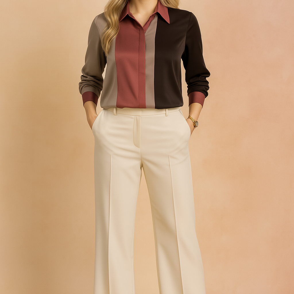 Damesblouse met lange mouwen en verticale kleurvlakken in bruin, bordeaux en taupe – perfect voor kantoor of een smart-casual look.