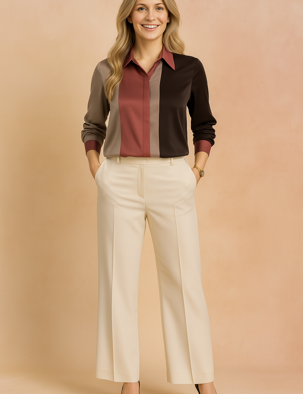 Damesblouse met lange mouwen en verticale kleurvlakken in bruin, bordeaux en taupe – perfect voor kantoor of een smart-casual look.