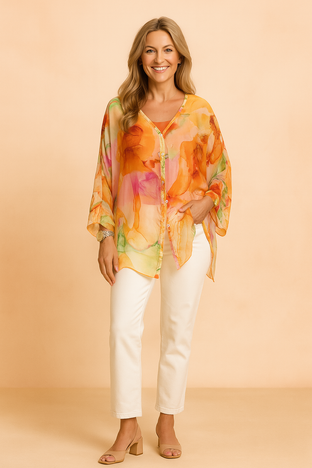 Transparante oranje blouse met meerdere kleuren, knoopsluiting, aquarel bloemenprint, V-hals en wijde vleermuismouwen.

