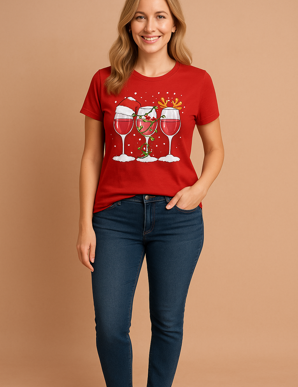 Rood feestshirt met drie wijnglazen verkleed als kerstman, elf en rendier – een speels ontwerp voor wijnliefhebbers.