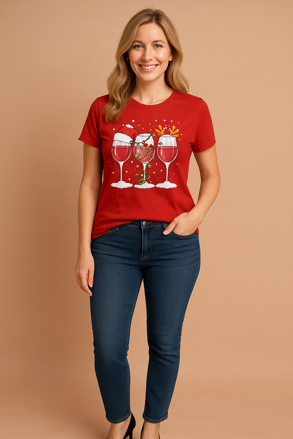 Rood feestshirt met drie wijnglazen verkleed als kerstman, elf en rendier – een speels ontwerp voor wijnliefhebbers.