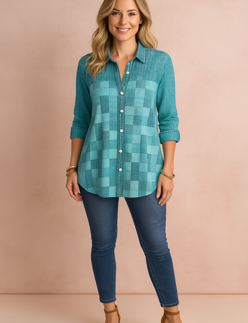 Turquoise blouse met blokpatroon en halve mouwen, voorzien van een knoopsluiting aan de voorkant en fijne textuur in de stof, perfect voor een comfortabele en stijlvolle casual look.