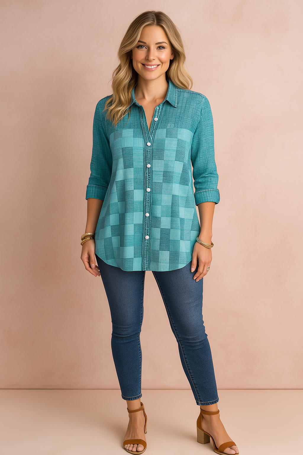 Turquoise blouse met blokpatroon en halve mouwen, voorzien van een knoopsluiting aan de voorkant en fijne textuur in de stof, perfect voor een comfortabele en stijlvolle casual look.
