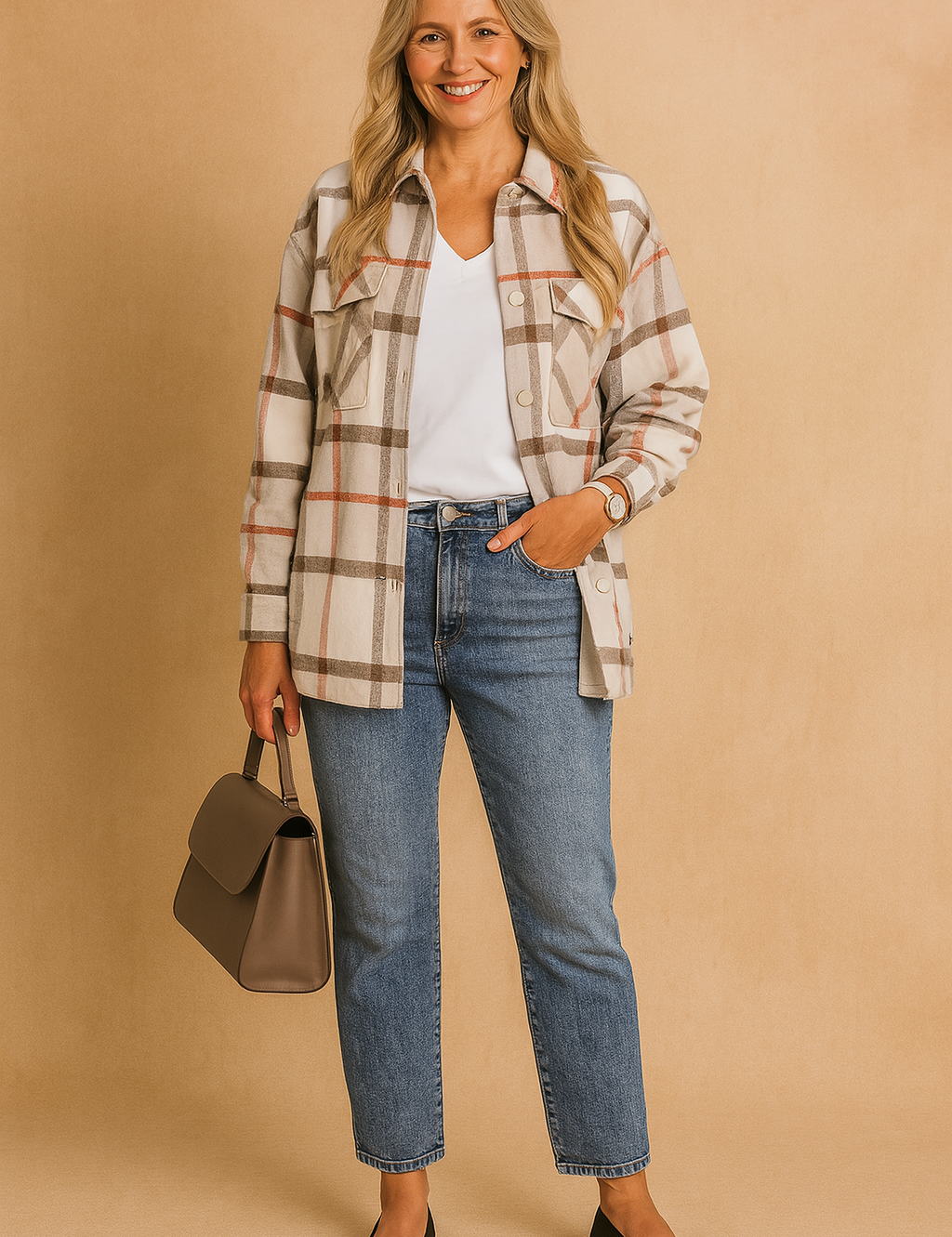 Dames blouse-jasje met grote ruitprint in beige, wit en roestbruin, voorzien van borstzakken met klep en knoopsluiting.