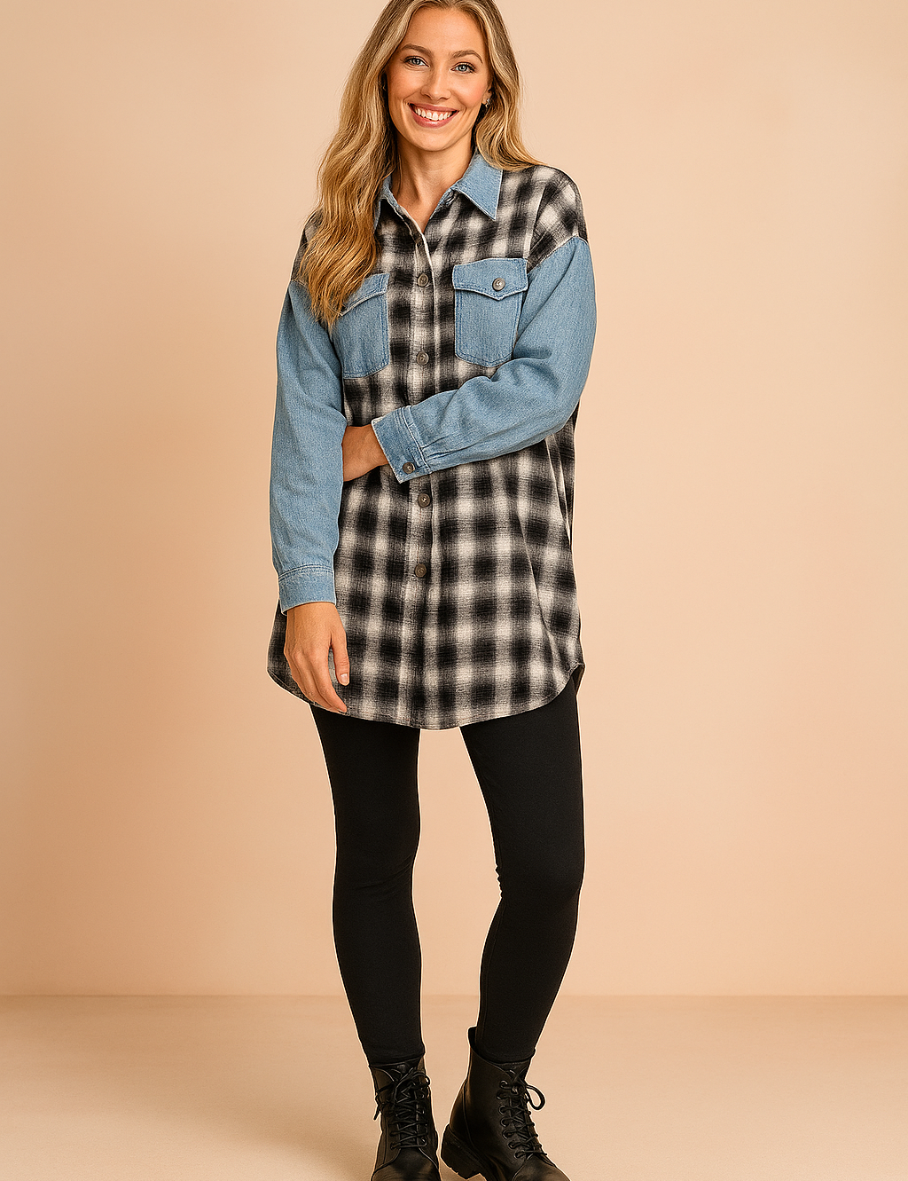 Dames overshirt met denimblauwe mouwen en borstzak, gecombineerd met een zwart-wit geruite flanellen voor- en achterkant, ideaal als tussenjas of casual laagje.