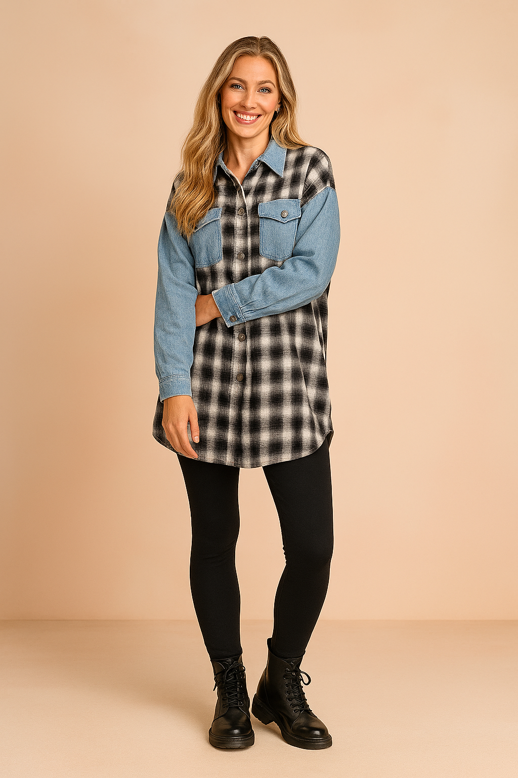 Dames overshirt met denimblauwe mouwen en borstzak, gecombineerd met een zwart-wit geruite flanellen voor- en achterkant, ideaal als tussenjas of casual laagje.