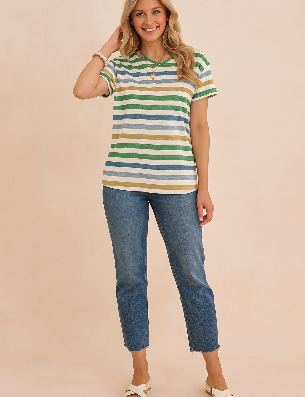 Gestreept dames T-shirt met korte mouwen en ronde hals, gemaakt van zachte katoenen jersey. Het shirt heeft een horizontaal patroon in groen, blauw, zandkleur en wit, met een casual rechte pasvorm die comfortabel draagt bij warm weer.