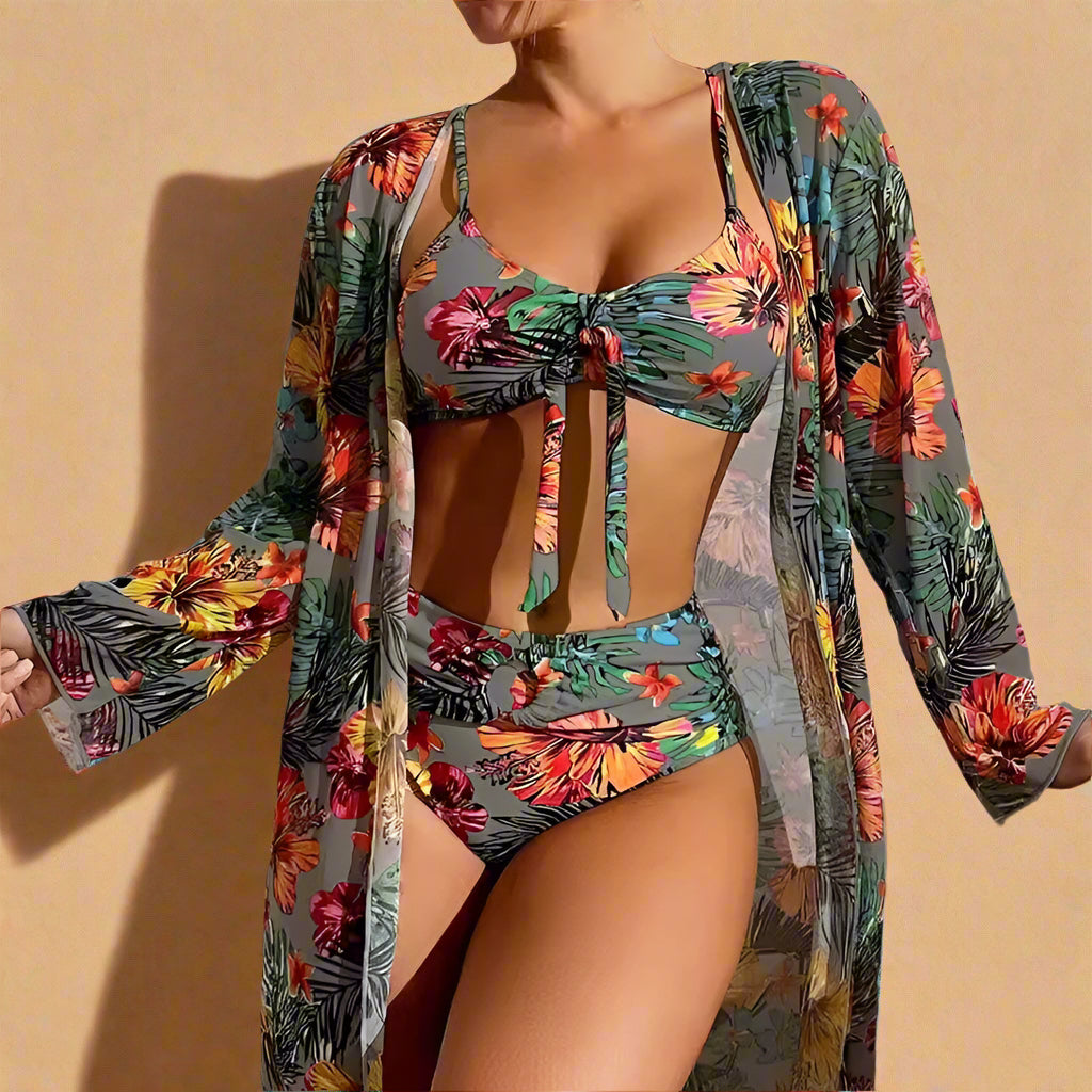 Grijze bloemen bikini met hoge taille en bijpassende kimono