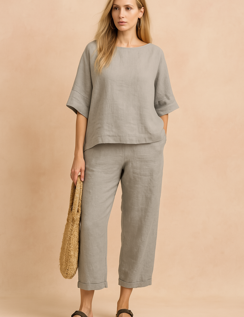 Lichtgrijze linnen blouse met oversized pasvorm en omgeslagen korte mouwen, luchtige keuze voor warme dagen