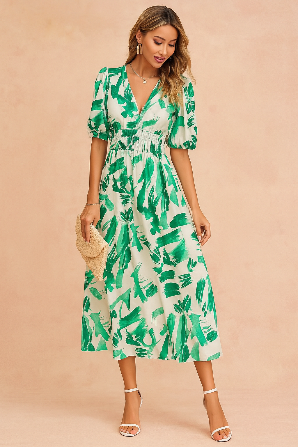 Groene en witte midi-jurk met abstracte bladprint, V-hals, korte pofmouwen en gesmokte taille voor een luchtige zomerse look.