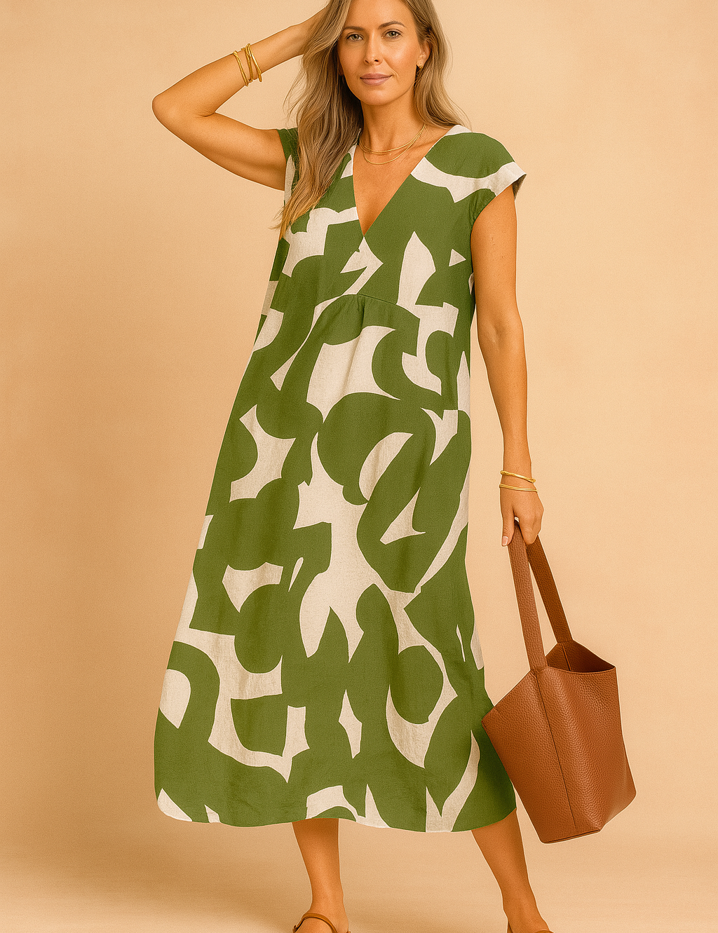 Groene midi-jurk met abstracte print en V-hals