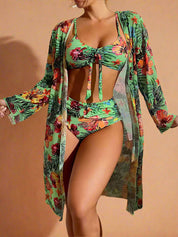Groene bloemen bikini met hoge taille en bijpassende kimono