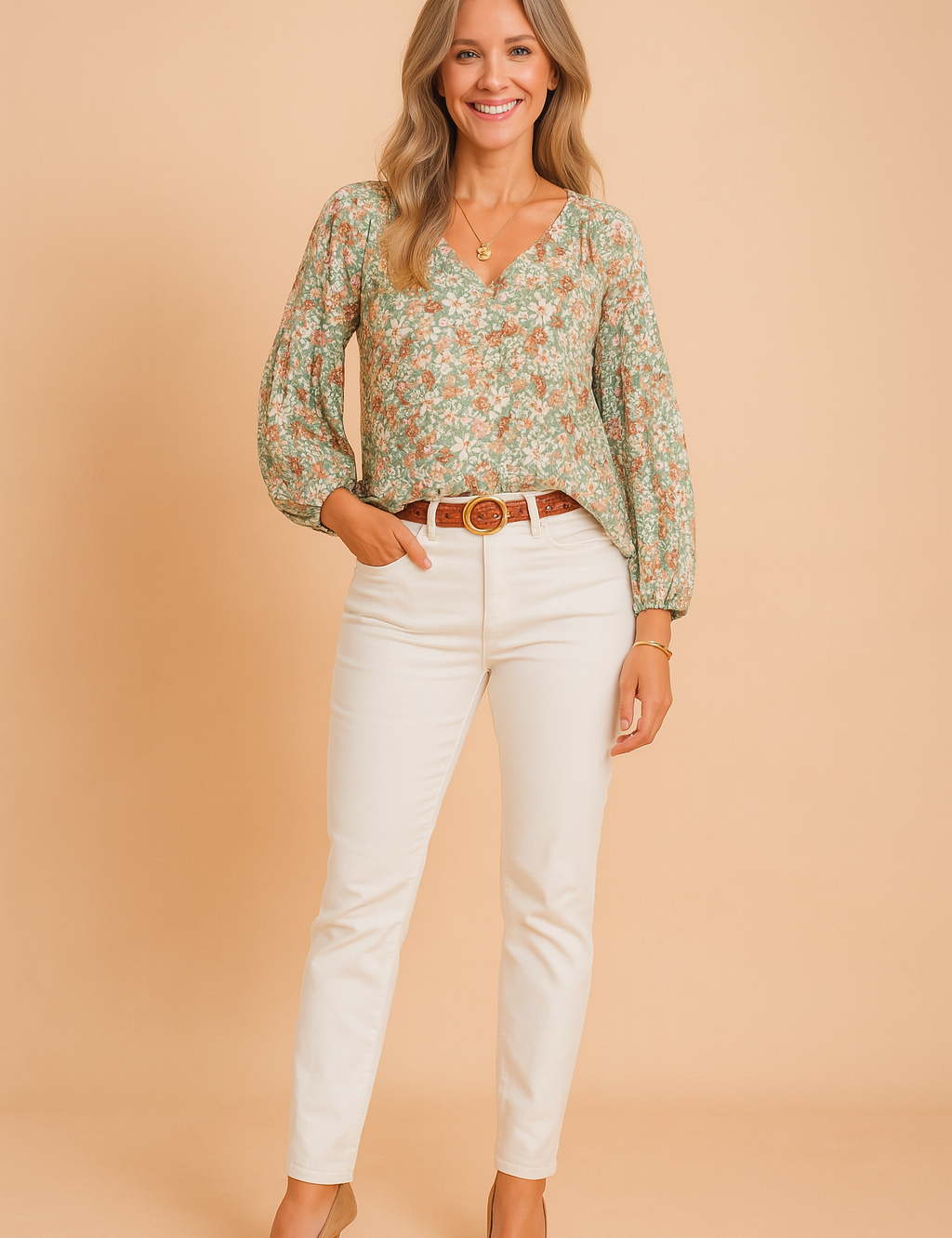Groene damesblouse met bloemenprint, V-hals en gepofte lange mouwen van semi-transparante zachte stof.