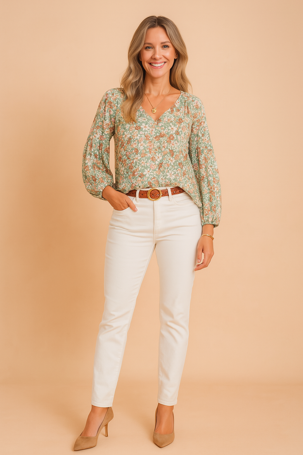 Groene damesblouse met bloemenprint, V-hals en gepofte lange mouwen van semi-transparante zachte stof.