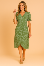 Midi overslagjurk met V-hals en korte mouwen in groen met wit bloemendessin en decoratieve knopen.