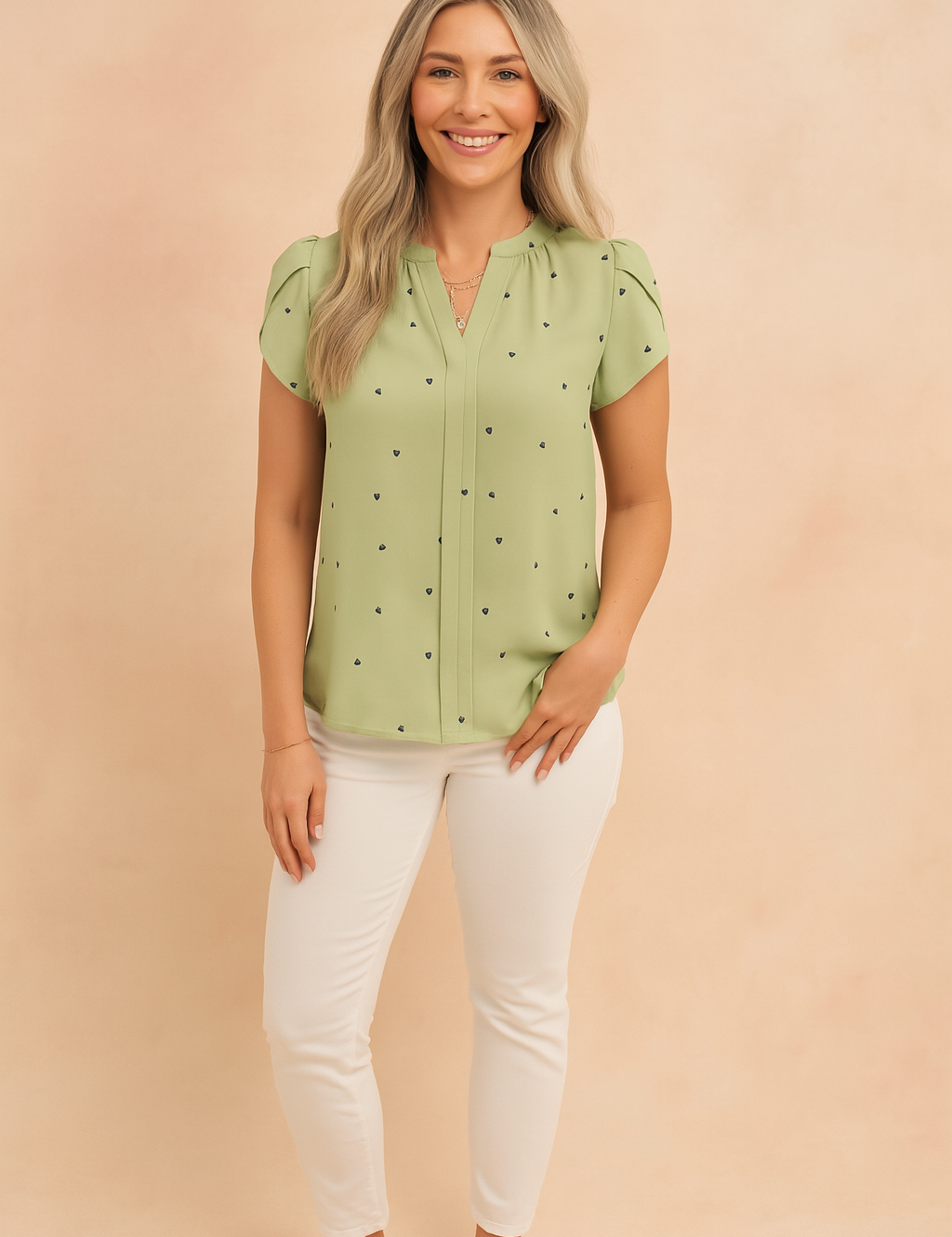  Lichtgroene blouse met korte mouwen, zwarte hartjesprint en zachte plooien, met een nette V-hals.