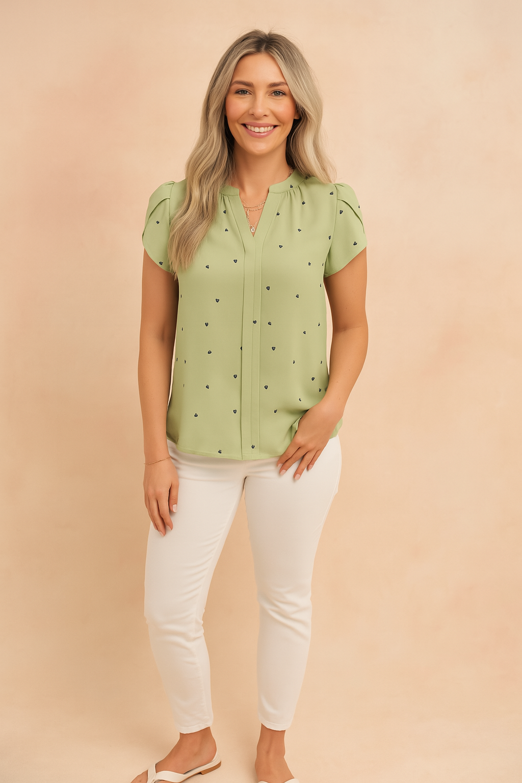  Lichtgroene blouse met korte mouwen, zwarte hartjesprint en zachte plooien, met een nette V-hals.