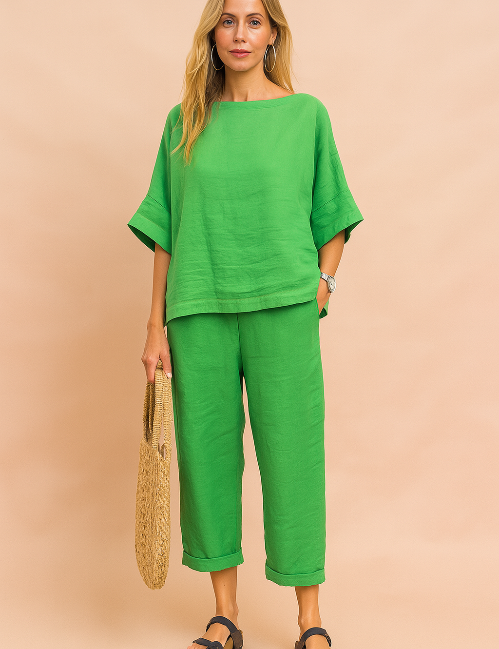 Losvallende groene linnen blouse met wijde korte mouwen en rechte halslijn, ideaal voor zomerse casual outfits