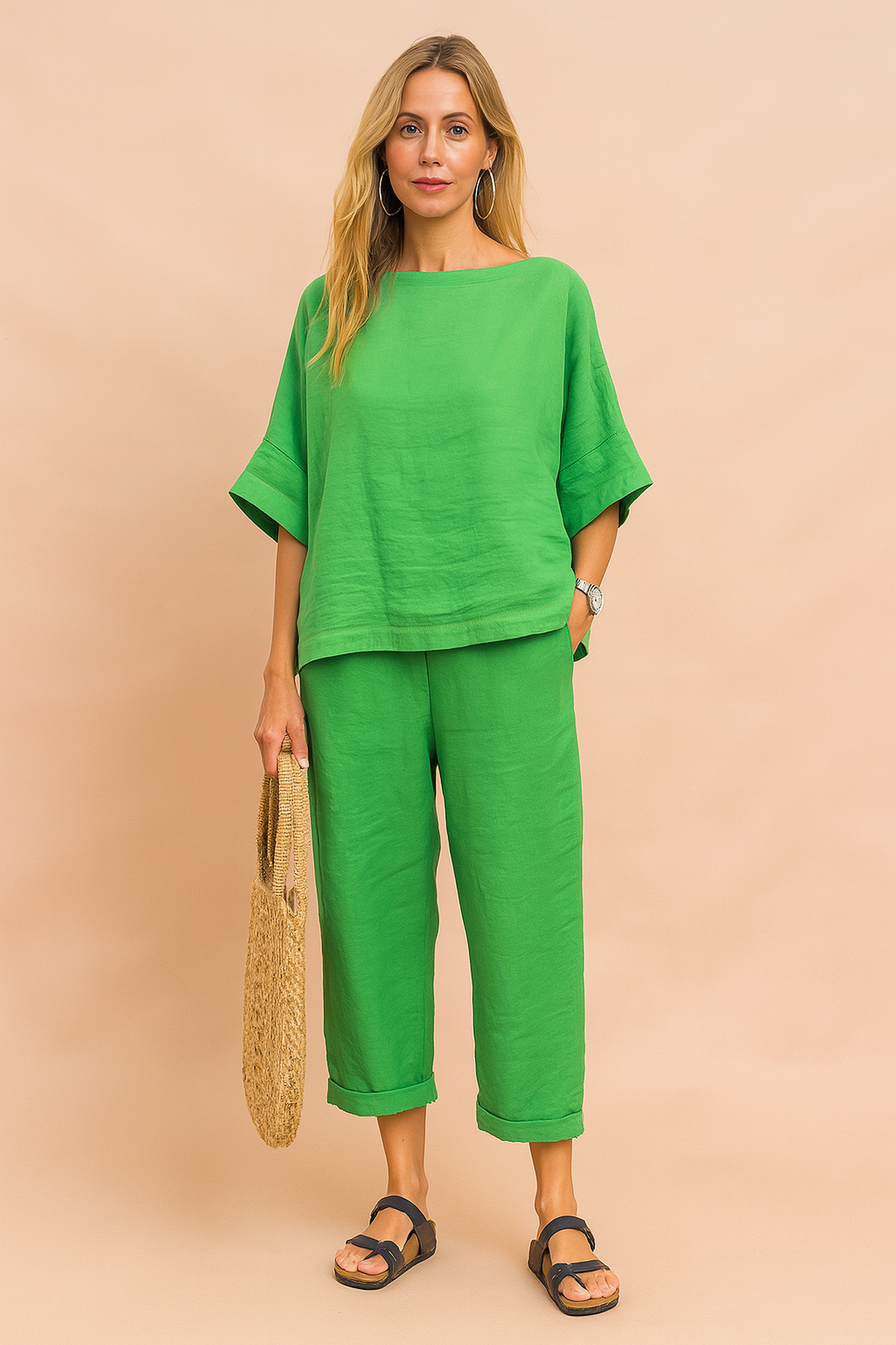 Losvallende groene linnen blouse met wijde korte mouwen en rechte halslijn, ideaal voor zomerse casual outfits