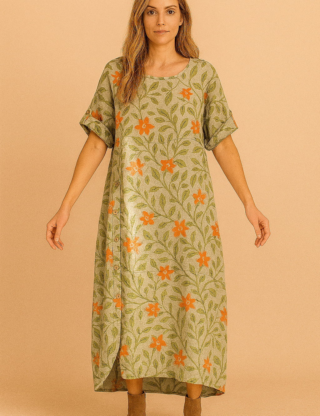 Lichtgroene linnen jurk met oranje bloemenprint, rechte pasvorm en knoopsluiting aan de zijkant.