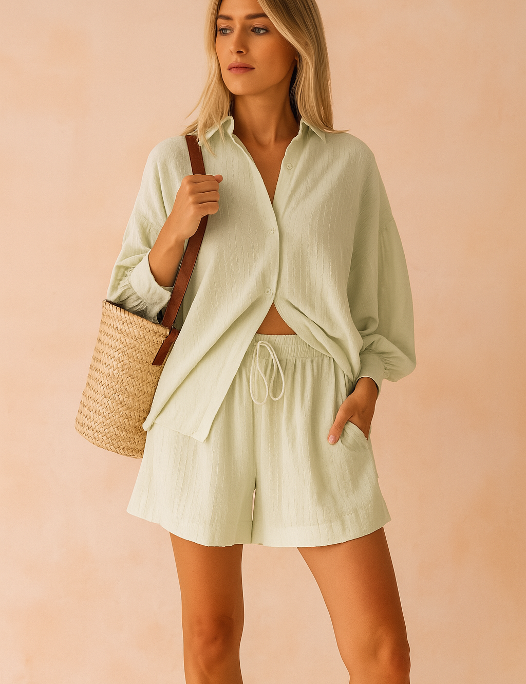 Groene zomerset met openvallend overhemd en short met striksluiting, perfect voor loungen