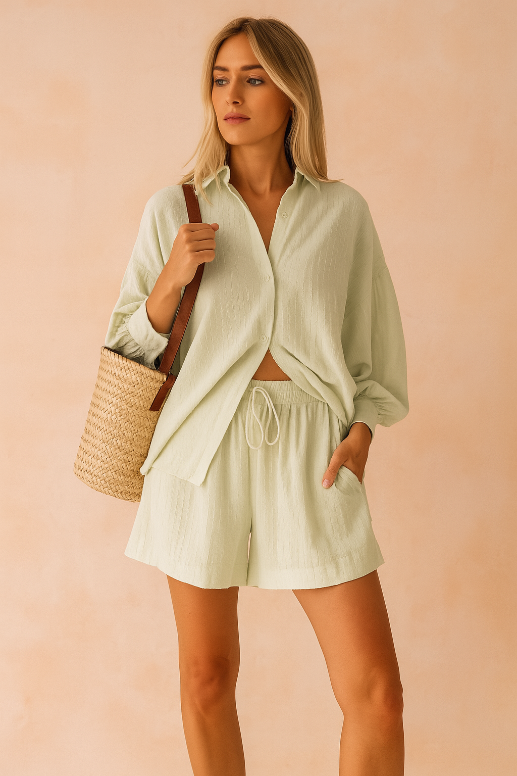 Groene zomerset met openvallend overhemd en short met striksluiting, perfect voor loungen