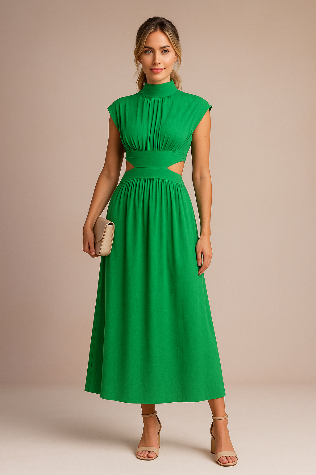 Groene midi jurk met hoge hals, uitsnijdingen in de taille en elegante geplooide afwerking.