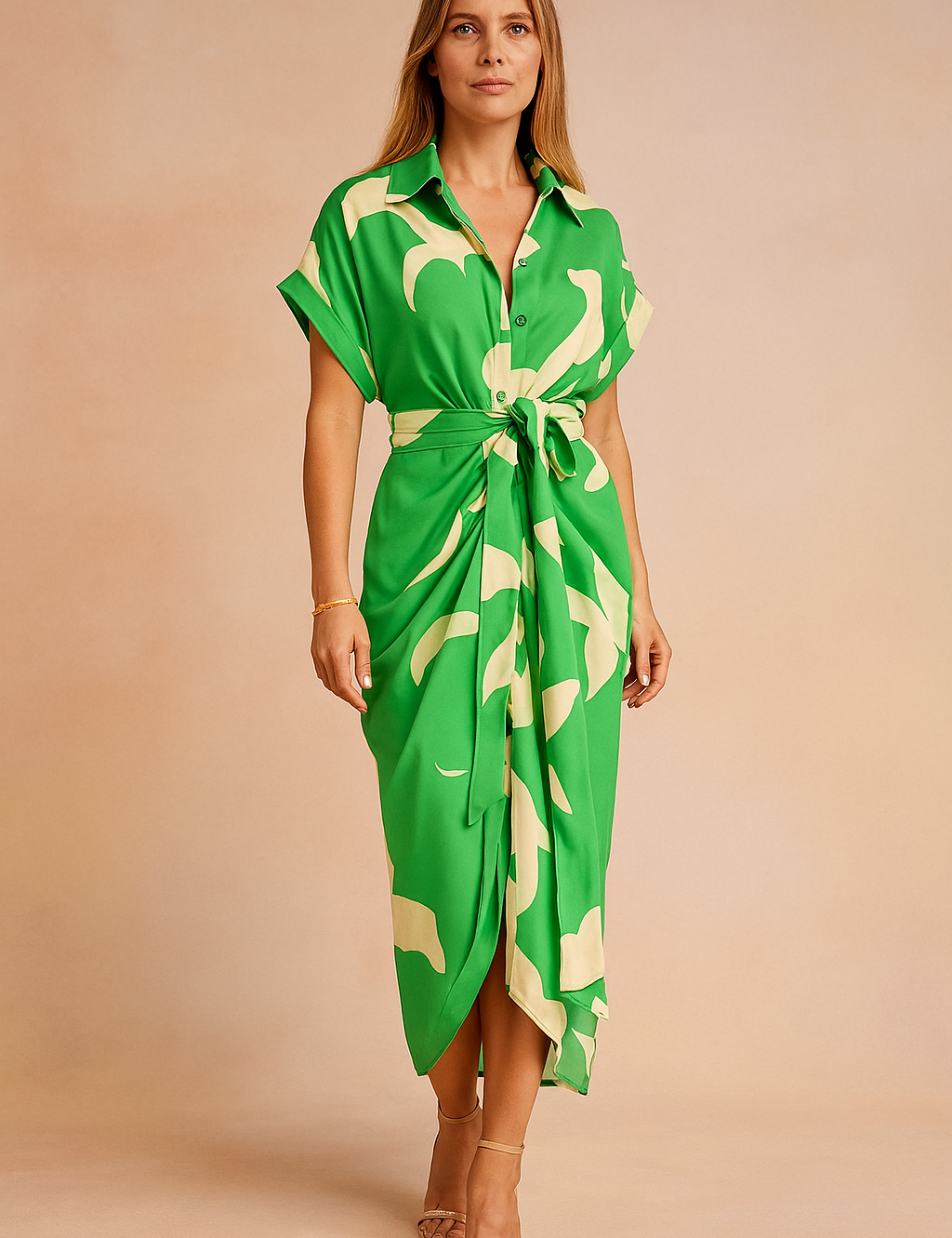 Groene overhemdjurk met abstract beige patroon en knoopceintuur, midi-lengte met korte mouwen